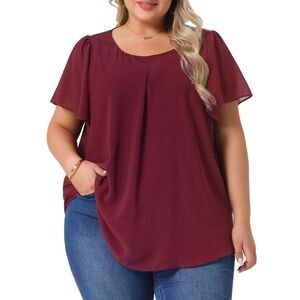 Plus Size Chiffon Blouse Ruffle Sleeve Work Tops Burgundy